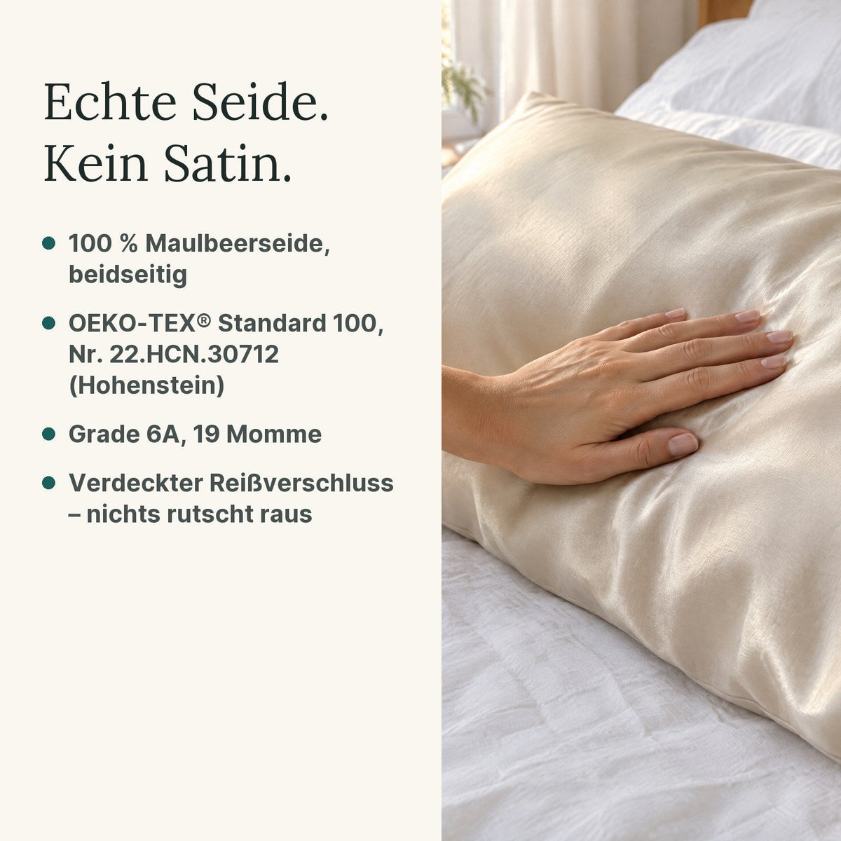 Echte Seide, kein Satin: Seidenkissenbezug aus 100 % Maulbeerseide