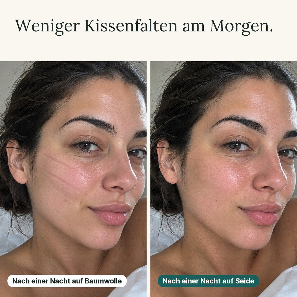 Weniger Kissenfalten am Morgen: Gesicht nach einer Nacht auf Baumwolle und nach einer Nacht auf Seide
