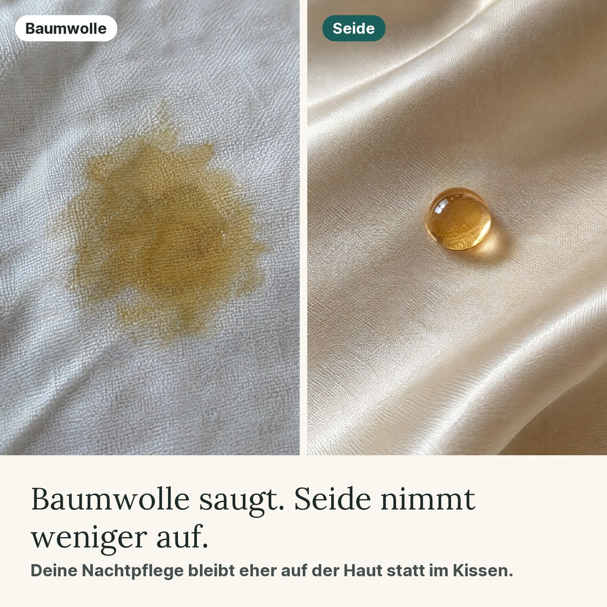 Baumwolle saugt einen Tropfen Pflege auf, auf Seide bleibt er stehen